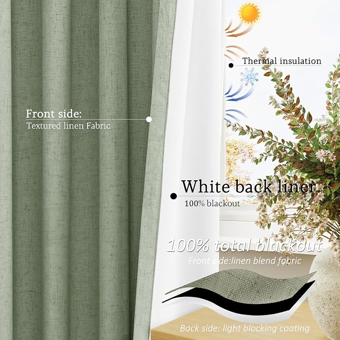 Jowels Light Sage Green Linen Blackout Curtains 96 Length 2 Panels Set for Living Room Bedroom, 100% Black Out Thermal Insulated Linen Drapes, Room Darkening Grommet Curtains 96 Inches Long