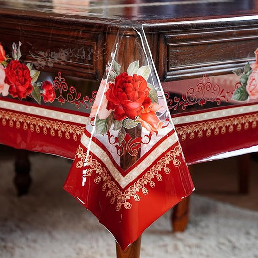 SUTAVIA Clear Vinyl Table Protector Rectangle PVC Tablecloth with Printing Floral Oilproof Table Cloths for Home Decor Holiday Party Dining Table Outdoor (Burgundy, Rectangle, 52x70 inches)