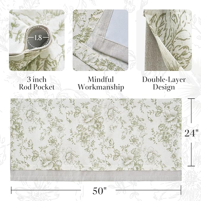 jinchan Linen Kitchen Curtain 24 Inch French Floral Double Layer Curtain Farmhouse Vintage Tier Drape Rustic Half Window Curtain for Living Room Window Treatment Rod Pocket 1 Panel Green on Beige