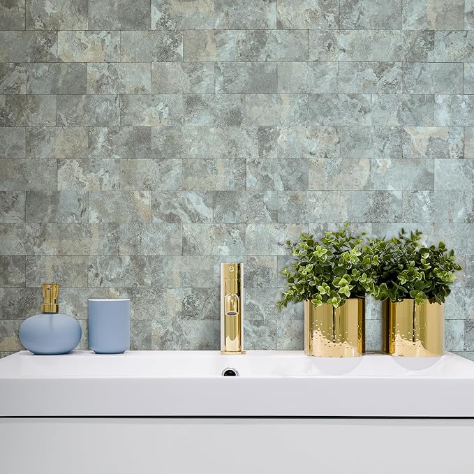 AULIGET 4-Piece Faux Stone Peel and Stick Backsplash Wall Tiles, 3" x 6" Grey & Brown Slate PVC Stick on Tile for Backsplash Kitchen, Bathroom, Laundry Room, Camper, Fireplace