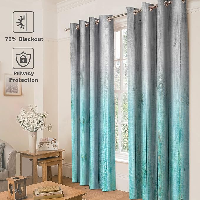 Jekeno Wooden Blackout Curtains Blue Gradient Wood Board of Farmhouse Village Rural Lodge Nature Retro Decor for Home Bedroom Living Room Grommet Window Drapes 2 Panel Set, 52"x63"