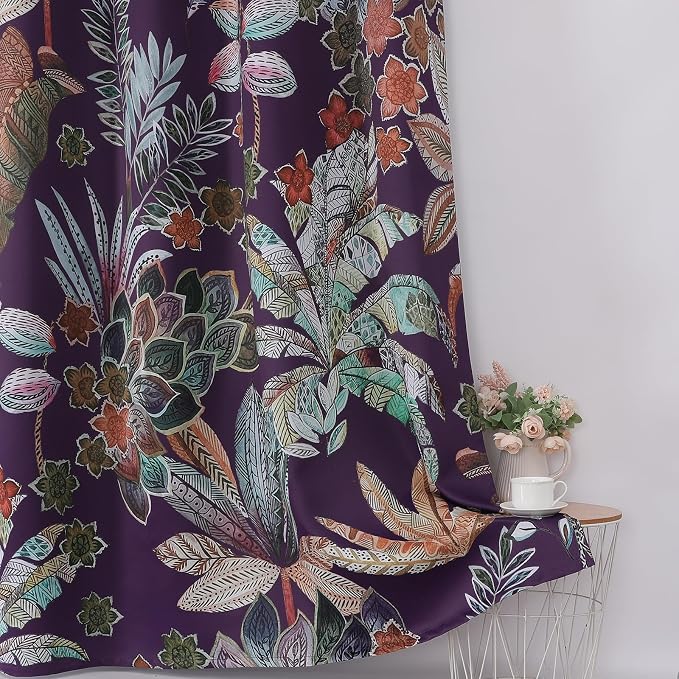 Estelar Textiler Purple Leaves Pattern Blackout Curtains 90 Inch Length for Bedroom,Elegant Home Decor for Living Room Darkening Thermal Insulated Grommet Blackout Curtains,52x90 Inch,2 Panel