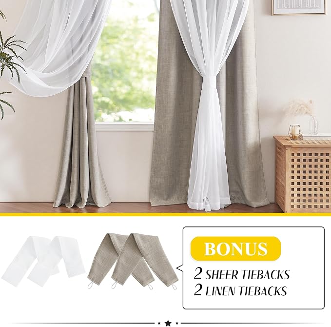 NICETOWN Dual Layers Grommet Top Mix and Match Faux Linen Curtains with White Sheer Voile for Living Room Bedroom, Kids Curtains for Nursery, 52x84 Inch Long, Set of 2 Panels, Angora