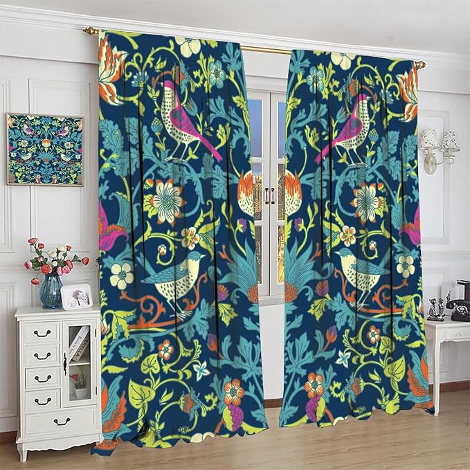 Boho William Morris Art Blackout Window Curtains, Magical Forest Vintage Flowers and Birds Rod Pocket Curtains, for Living Room Bedroom 27.5(W)*63(L) 2 Panels