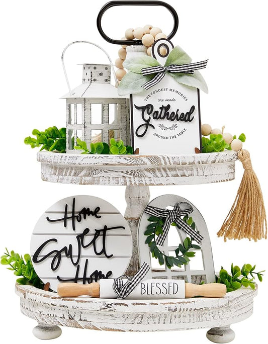 Houmury Set of 17 Farmhouse Tiered Tray with 1 Lantern Artificial Plant& Cutting Board Sign for Rustic Home Sweet Home Kitchen Decor Tier Tray Decor Set