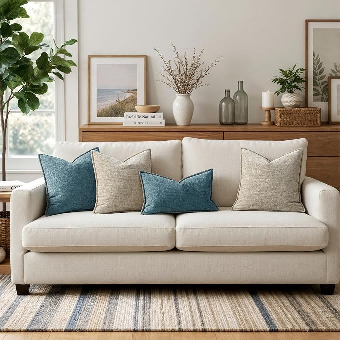 MIULEE Pack of 2 Couch Throw Pillow Covers 18x18 Inch Smoke Blue Farmhouse Decorative Pillow Covers with Stitched Edge Soft Chenille Solid Dyed Spring Pillow Covers for Sofa Bed Living Room