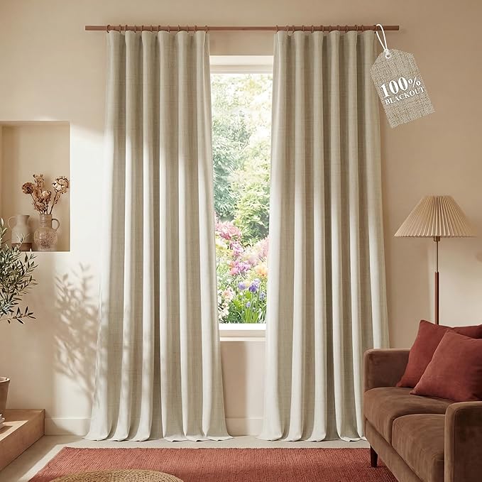 NICETOWN Farmhouse Linen Textured 100% Blackout Curtains, Rustic 3-in-1 Header (Hooks/Back Tab/Pocket), Thermal Insulated Room Darkening Window Treatment for Bedroom, Cream, 52" W x 90" L