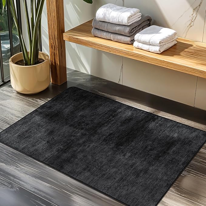 2x3 Washable Mat,Small EntryWay Rugs,Stainproof Non-Slip for Indoor Entranc | Low pile,Stain-resistant & Non-slip backing, Solid Vintage Style for indoor,entryway,kitchen,bathroom(2x3,Black)