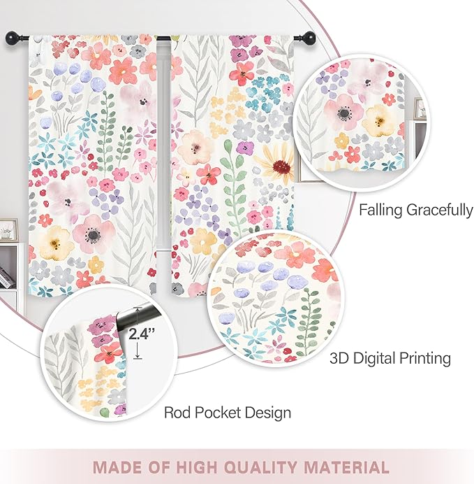 Riyidecor Colorful Floral Curtains Pink Cute Boho Wildflower Trendy Watercolor Plant Leaves Botanical Rod Pocket Pretty Aesthetic for Girls Bedroom Living Room Treatment Fabric 2 Panels 42Wx63H Inch