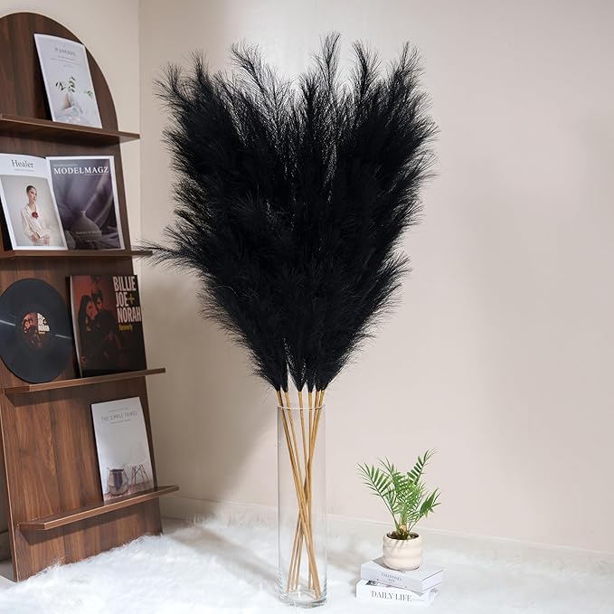 Premium Faux Black Pampas Grass – 55" 8pcs Tall Ultra-Fluffy 24-Branch One-Piece Stems No Assembly, Luxury Silk-Feel Feather Flowers for Modern Gothic Industrial Home Decor (Jet Black, 8 Stems)