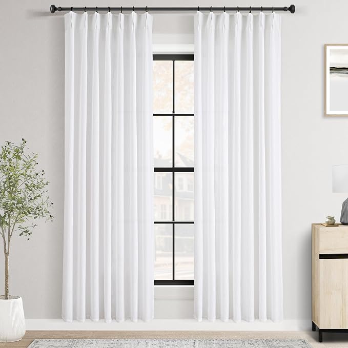 Pinch Pleated White Linen Curtains 78 inches Long for Bedroom 2 Panels Light Filtering Semi Sheer White Pinch Pleat Curtain 78 Length Modern Coastal Decor Off White Cotton Textured Window Drapes
