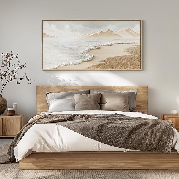 Framed Boho Coastal Beach Wall Art for Living Room, Extra Large Neutral Ocean Canvas Artworks for Walls, Horizontal Abstract Minimalist Coastal Art Print for Bedroom Kitchen Office Walls, 30x60 Inch