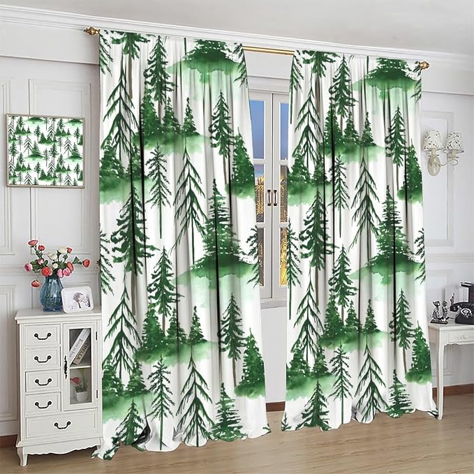 Watercolor Forest Curtains, Green Nature Cartoon Mountains Misty Forest Plants Trees Window Treatments Drapes for Kids Boys Girls Living Room Bedroom Nursery 42x45in（No Blackout）