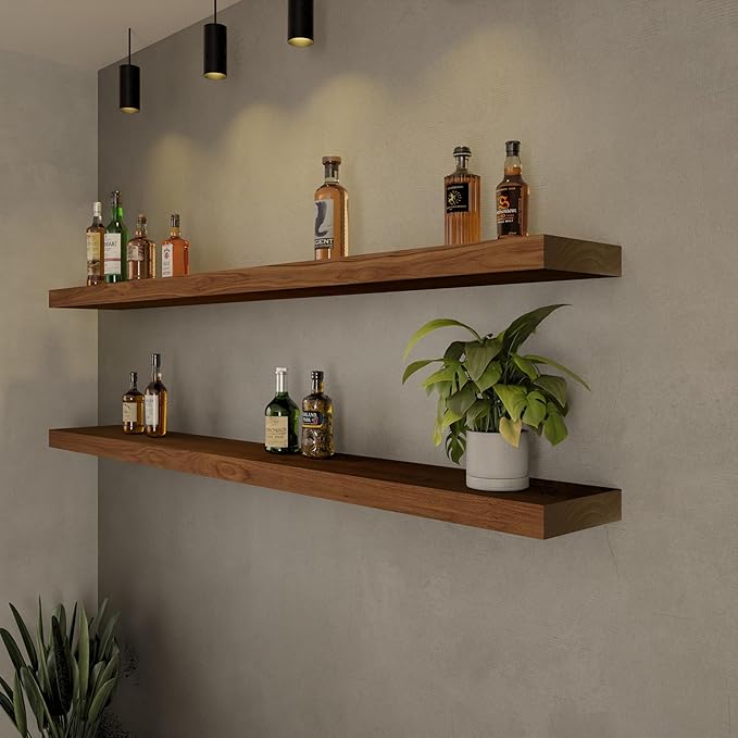 ROGMARS 60 Inches Long Walnut Floating Shelves | Rustic Solid Wood Farmhouse Wall Shelves with Invisible Brackets for Bathroom, Living Room, Bedroom, Kitchen Set of 2