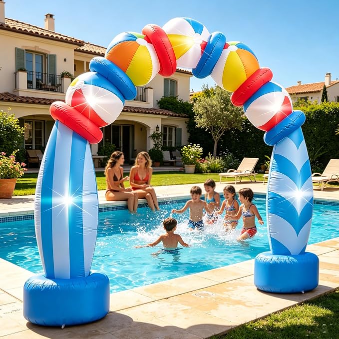 7.6FT Beach Ball Surfboard Blow Up Archway, Summer Outdoor Inflatable Decorations with LED Lights, Tropical Inflatable Decoration for Summer Party Backyard Pool Luau Beach Birthday Outdoor Event