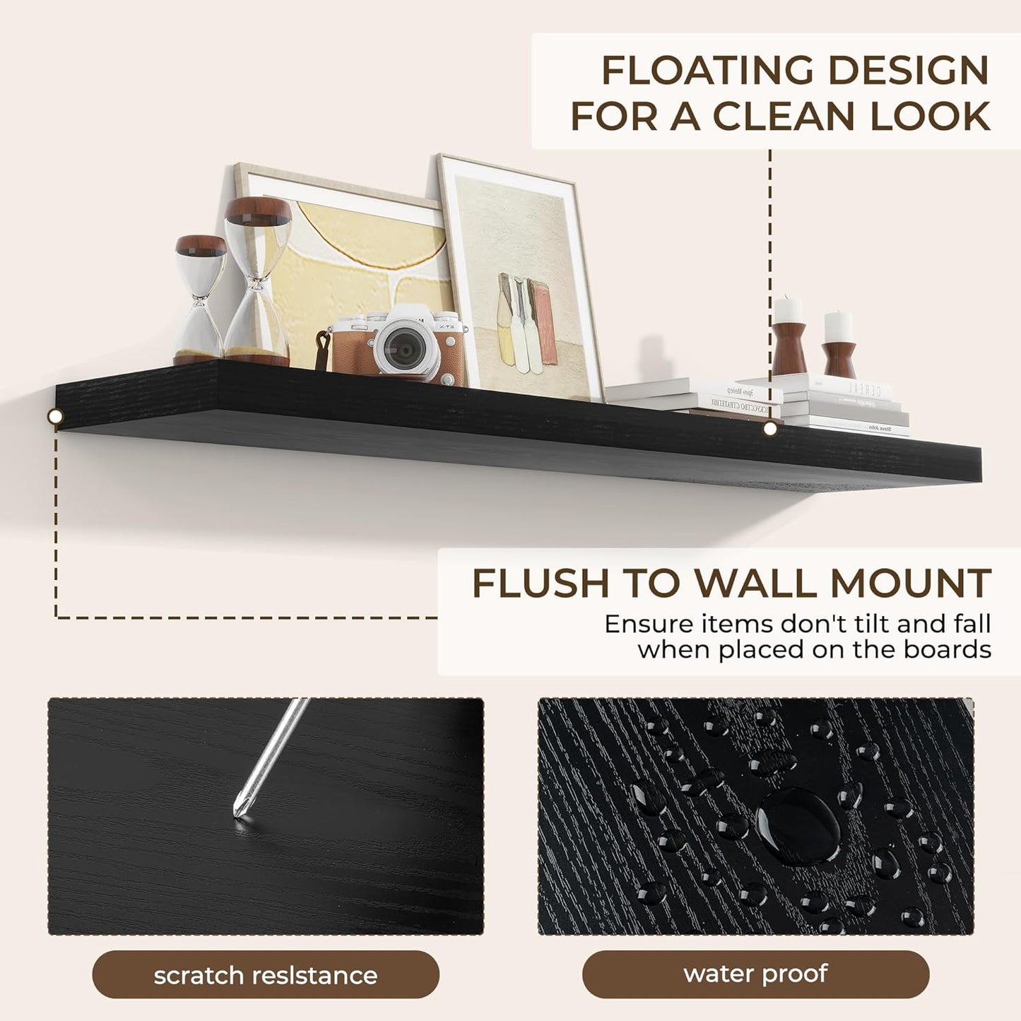 RICHFOCUS 55Inch Floating Shelves for Wall 1 Pack Shelves for Bedroom|Kitchen|Bathroom Wall Mounted Rustic Wood Floating Shelf with Invisible Brackets for Books|Storage|Decor, Black