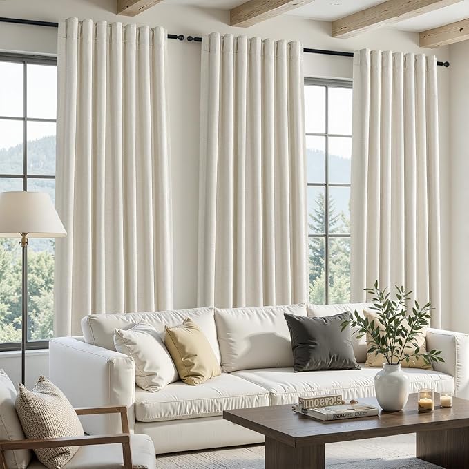 Topfinel 100% Blackout Natural Linen Rod Pocket & Back Tab Drapes for Bedroom, 92 Inch Long Cream Beige Panels for Sliding Glass Doors, Farmhouse Aesthetic Window Drapery, Cream Beige 52" W*92" L