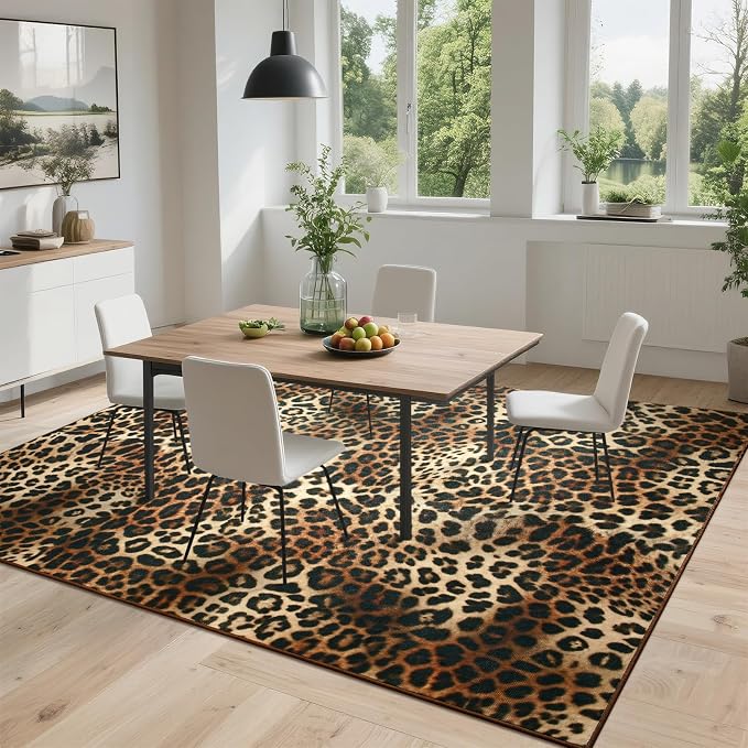 DweIke Leopard Rugs for Living Room, 6x9 Cheetah Print Rug for Bedroom Decor, Washable Non-Slip Stain Resistant Faux Animal Throw Carpet for Dining Room Office Western Home, Dark Brown