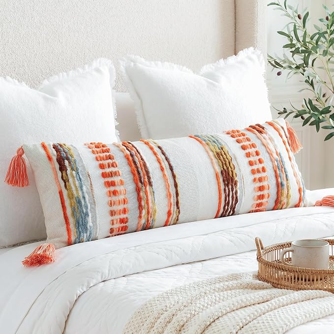 NUYECY Chenille and Cotton Long Pillow for Bed, Striped Textured Boho Lumbar Throw Pillow Cover 16x36, Neutral Accent Decorative Extra Long Body Pillow Case for Couch, Sofa, Bedroom, Red