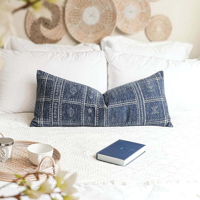 BlissBlush Decorative Lumbar Pillow Cover 14x36, Long Decorative Throw Pillow for Bed, Blue Boho Textured Chenille Accent Pillowcase for Bedroom Home Décor (Cover Only)
