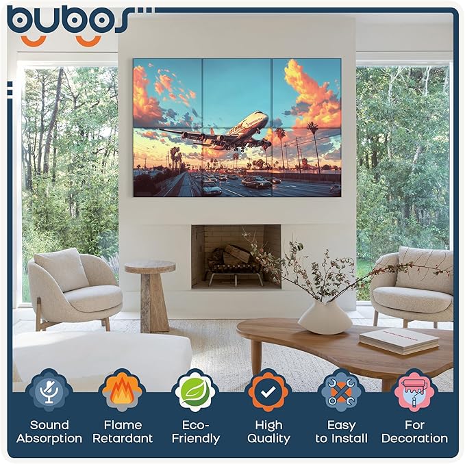 BUBOS 6 Pack Acoustic Wall Panels - High-Density Polyester Sound Absorbing Panels, Decorative Print Treatment for Recording Studio & Home Office, Peel and Stick, 23.6" x 23.6"
