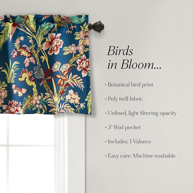 Lush Decor Dolores Light Filtering Valance Curtains Single, 52" W x 18" L Navy & Multi -Valances for Windows - Vintage Valance Floral - Coquette Decor