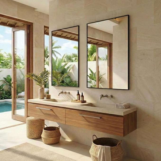 48"x30" Matte Black Large Framed Bathroom Vanity Wall Mirror | Large Vanity Wall Mirror, Slim Metal Frame, Dresser, Sideboard Use, Vertical, Horizontal Mount, Tempered Glass