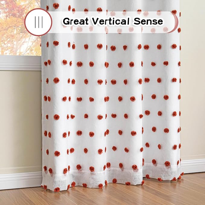 MYSKY HOME Blackout Bohemian Curtains for Living Room 95 Inch Long Nursery Curtain for Sliding Door Grommet 100% Room Darkening Bedroom Drapes with Brick Red Pom Pom Sheer 52 x 95 in, 2 Panels