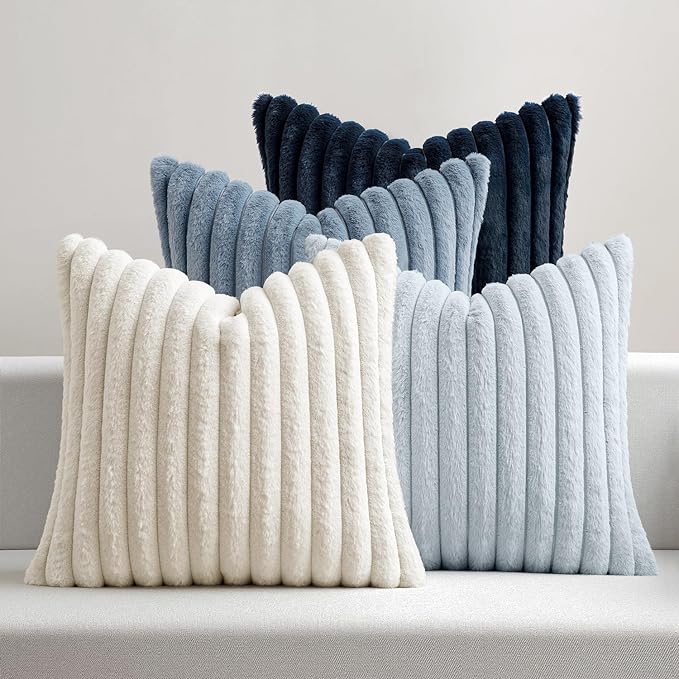 MIULEE Faux Fur Plush Decorative Throw Pillow Covers 24x24 Set of 4, Spring Modern Soft Fuzzy Coastal Striped Cushion Covers for Sofa Couch Bed Living Room Cozy Home Decor,Navy Blue