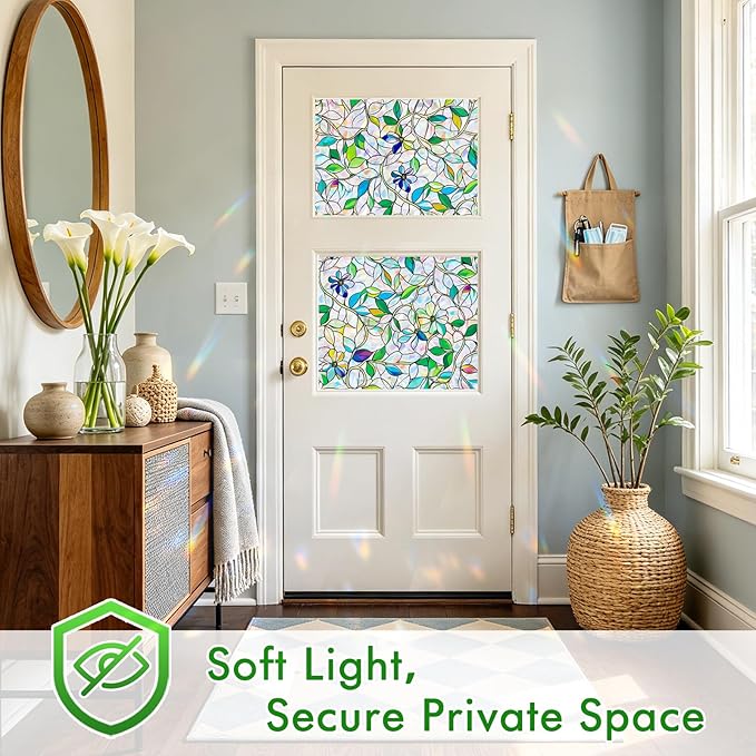 SOMWISE Rainbow Window Privacy Film,Heat Control,UV Blocking,Anti-Glare,Day & Night Privacy Protection & Decoration for Home, Bathroom,Glass Door,Static Cling,Renter-Friendly with Installation Tools