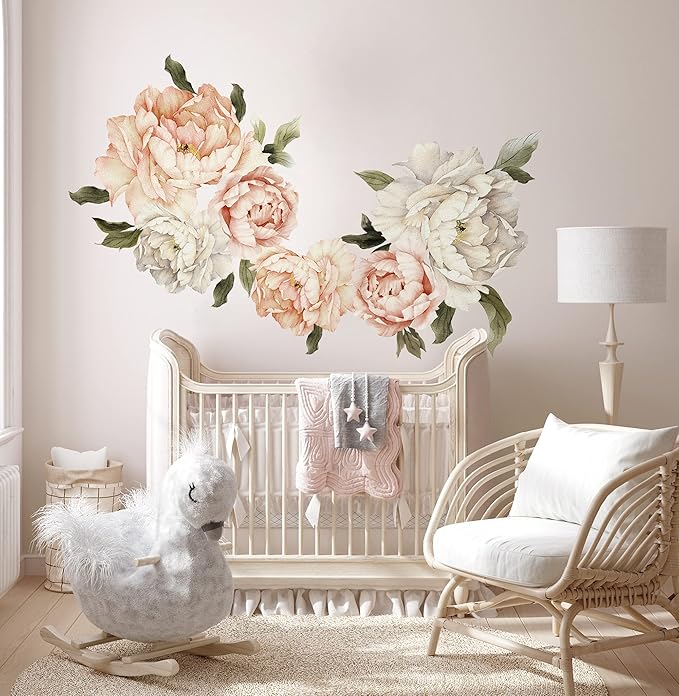 Peony Wall Decal for Bedroom Kids Room Floral Wall Sticker Watercolor Floral Removable Peel and Stick For Girls Peonies Wall Decals Childroom Livingroom