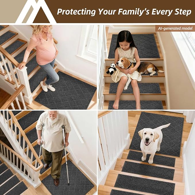 COSY HOMEER Edging Stair Treads Non-Slip Corner Indoor Stair Runners for Wooden Steps,Landing Slip Resistant Stair Rugs Mat for Kids and Dogs,100% Polyester TPE Backing,Black,30x30 inch