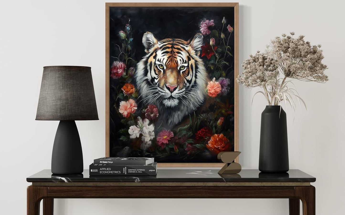 Tiger and Flower Poster Art Print, Halloween Scary Vintage Wall Art Academia Spooky Painting Decoration for Horror Prints, Gothic Posters Bedroom Decor 89 (Tiger and Flower, 11 x 14 inches, Wood Frame)