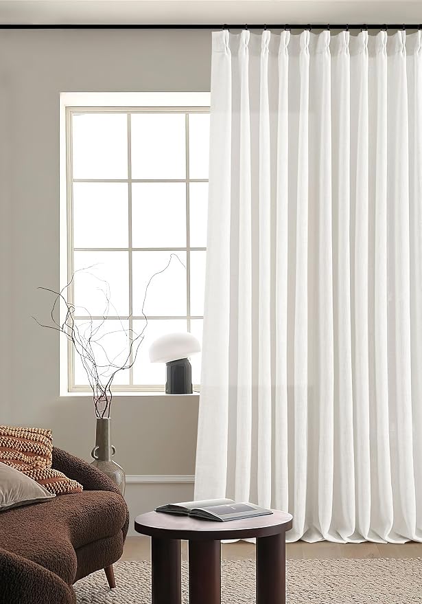 TWODRAPES Ivory White Pinch Pleated Extra Wide Linen Curtains 84 Inches Long for Patio Sliding Glass Door 70 Inch Wide Pleated Drapes with Hooks Rings Semi Sheer 70x84 Curtain for Living Room 1 Panel