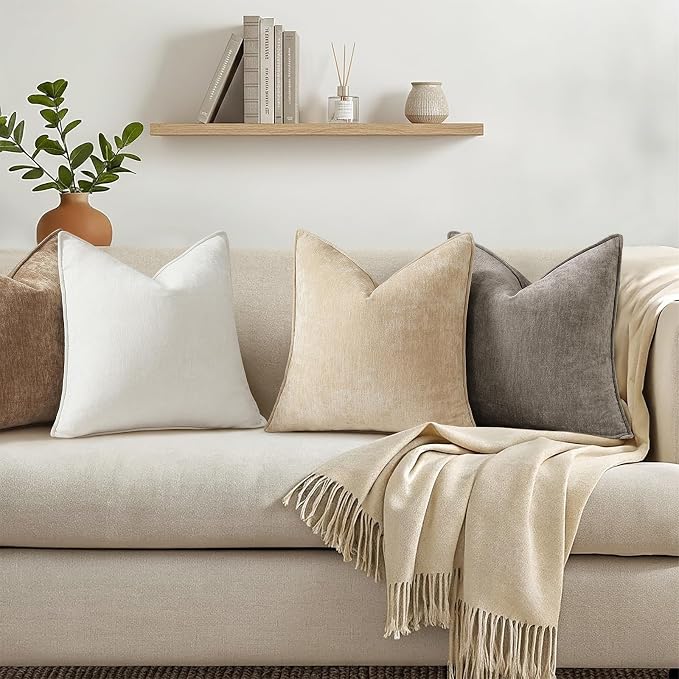 decorUhome Fall Couch Euro Sham Throw Pillow Covers 24x24 Set of 2, Decorative Soft Velvet Modern Cozy Chenille Pillow Cases with Elegant Design for Sofa Bed Living Room Home Decor, Dark Grey