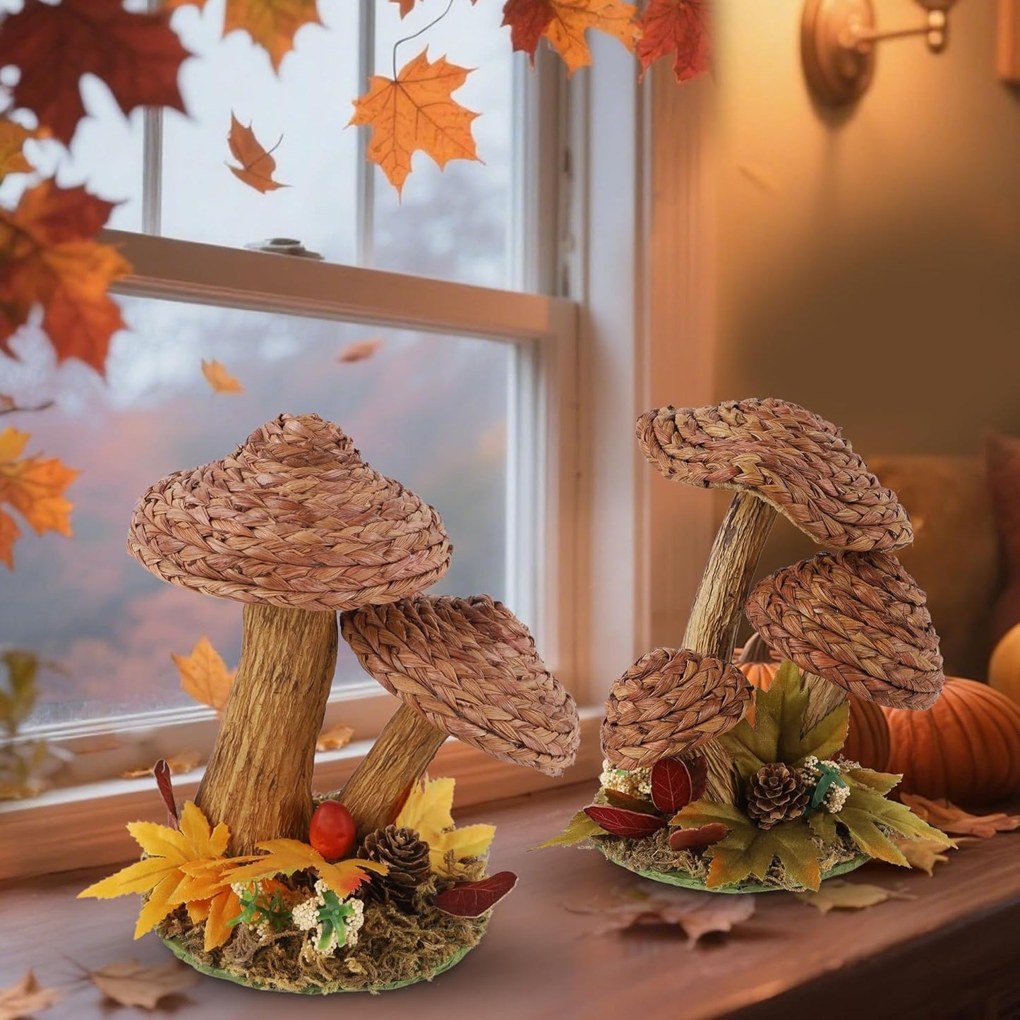 winemana 2 Pack Mushroom Fall Decor - Handmade Woven Mushrooms Figurines, Rustic Farmhouse Table Centerpieces for Thanksgiving, Autumn Home, Shelf & Kitchen Decor