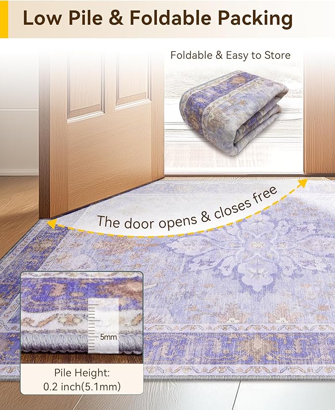 RELEANY Area Rugs Runner 2'x6' Washable Non-Slip, Floral Vintage Distress Medallion Carpet for Kitchen Hallway Bedroom Beside Laundry Room Bathroom, Light Purple Brown