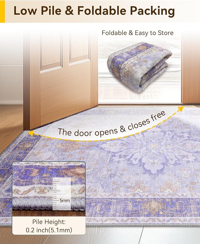 RELEANY Area Rugs 4'x6' Washable Non-Slip, Floral Vintage Distress Medallion Carpet for Living Room Bedroom Dining Room, Light Purple Brown