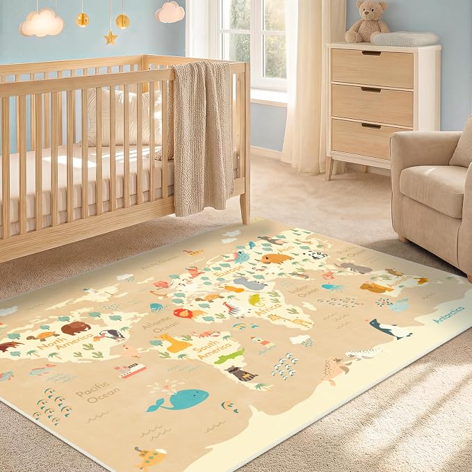 Hazo Haus 3x5 Animal World Map Bedroom Rug for Kids – Soft Educational Area Rug with Cute Animals by Continent, Washable Stain Resistant Nursery Rug - Beige