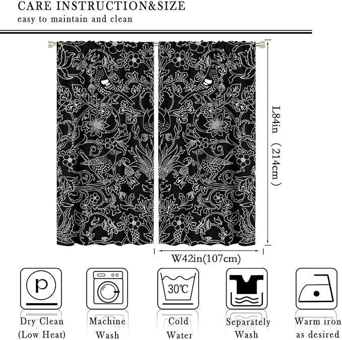 Bohemia William Morris Art Blackout Window Curtains, Vintage Flowers and Birds Dark Magic Forest Background, for Living Room Bedroom 42(W)*84(L) 2 Panels