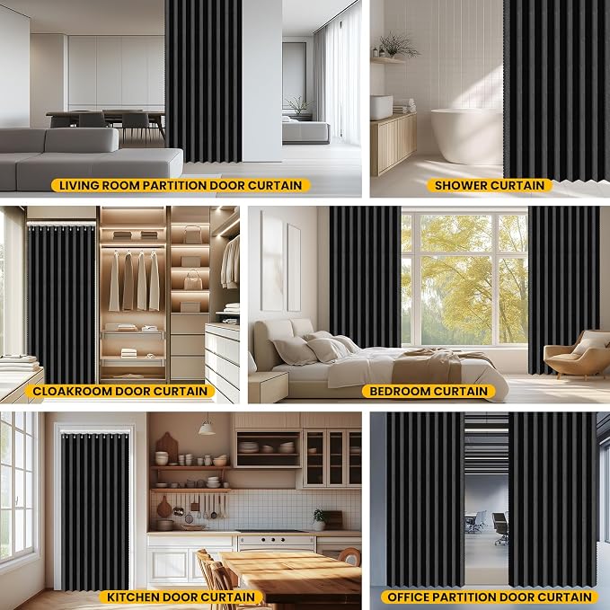 AJAZZ Set: Curtain Rods No Drilling (28-39" W Adjustable Range) & Accordion Door Curtain, Black 42W×78" L, Accordion Doors for Closet Doorway Room Divider
