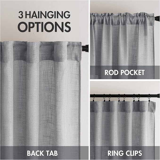 MIULEE Grey Linen Curtains 72 Inch Length for Bedroom Living Room, Soft Thick Linen Textured Window Drapes Gray Semi Sheer Light Filtering Back Tab Rod Pocket Burlap Look Decor, 2 Panels