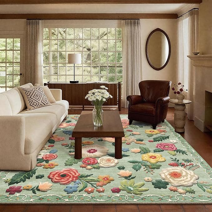 9x12 Area Rugs for Living Room: Washable Bedroom Rug Lightweight Non Slip Low Pile Soft Faux Wool Non Shedding Distressed Vintage Floral Large Carpet for Dining Room Farmhouse Nursery Office Indoor