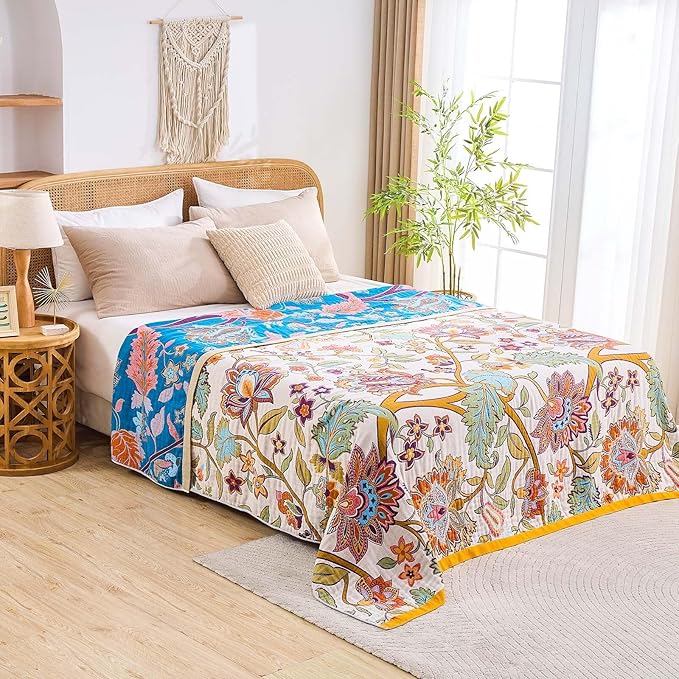 XIBLC Boho Throw Blanket for Bed, 100% Cotton Soft Rustic Quilt Fall Blanket, 80"x90" Floral Printed Farmhouse Decor Bed Blankets, All Season Rustic Reversible Bohemian Throw Quilt
