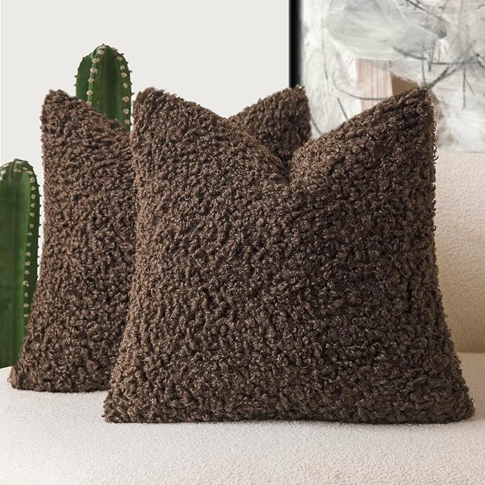 Foindtower 2 Pieces 20x20 Inch Dark Brown, Faux Fur Throw Pillow Cover Accent Sherpa Furry Pillow Covers Fuzzy Soft Pillowcases Cozy Sheepskin Decorative Fleece Cushion Case for Bed Couch Living Room