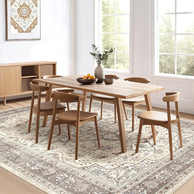 7x10 Area Rug Living Room: Washable Boho Large Neutral Vintage Soft Rugs Stain Resistant Farmhouse Non-Slip Indoor Floor Carpet for Bedroom Nursery Kids Playroom Office Dining Room- Beige Brown