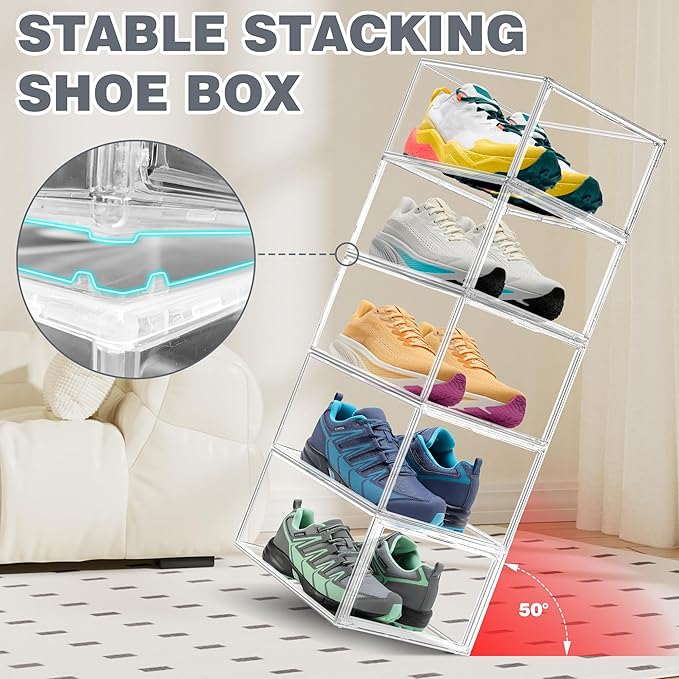 12 Pack Clear Acrylic Shoe Boxes Organizer, Extra-Thick Reinforced Stackable Shoe Storage with Magnetic Door, Dust-Proof Display Cases for Closet & Entryway, Fits up to Men’s 12, Crystal Clear