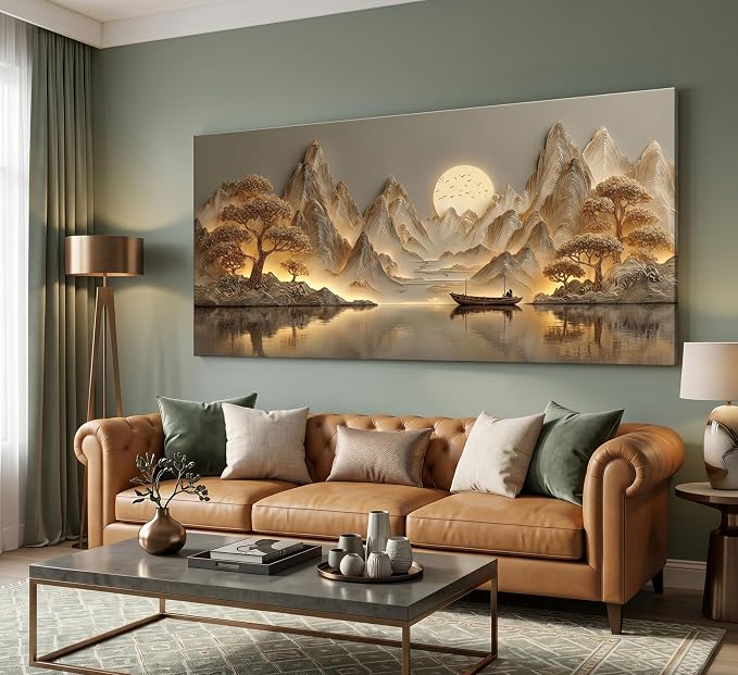 3D Texture Large Landscape Sunrises Sunset Canvas Wall Art Abstract Mountains Lake Tree Painting Picture Wall Decor Modern Nature Scenery Poster Print Artwork for Living Room Office Home Decoration