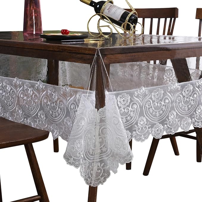Waterproof PVC Tablecloth - Heavy Duty Clear Vinyl Table Cover Protector for Dining Tables - Thick Reusable Plastic Rectangle Ivory Table Cover - 60x106 Inches