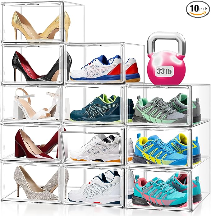 10 Pack Magnetic Shoe Boxes Acrylic Shoe Display Case, Size 12 Sneaker Storage Box Stackable Shoe Containers, Clear Dustproof Shoe Cabinet for Entryway, Closet, Underbed,Hallway, Bathroom
